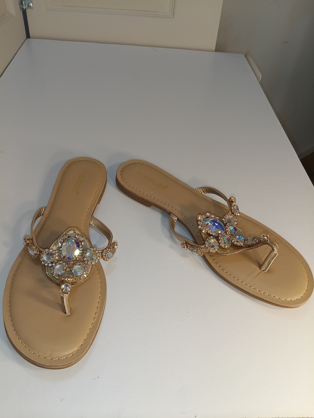 Shoe Dazzle Nude Jeweled Thong Sandals